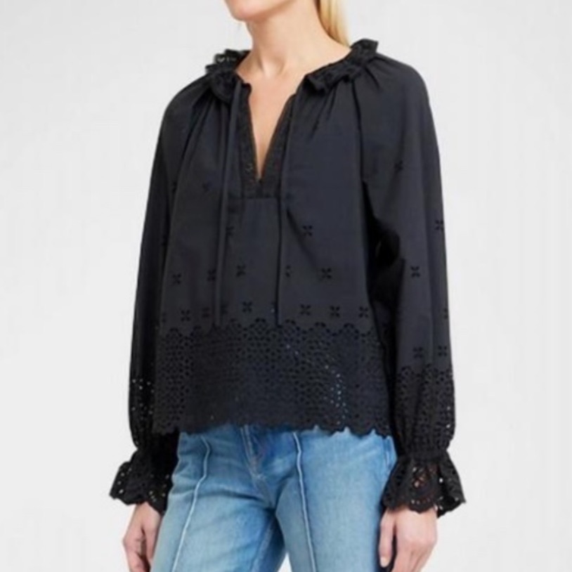 Ulla Johnson Alora Black Eyelet Poplin Cotton Blouse Top